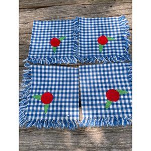 Vintage 1930s Blue Check Applique Fruit Napkins  Set of 4